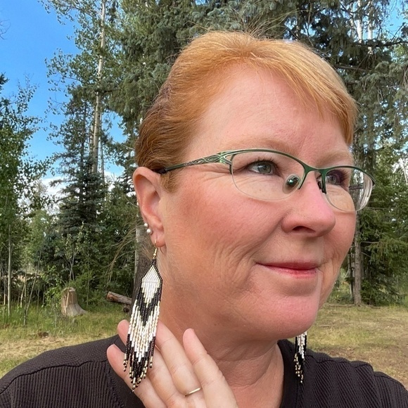 Gold and Black Beaded Earrings with Fringe, New, Handmade by Me - Picture 7 of 8